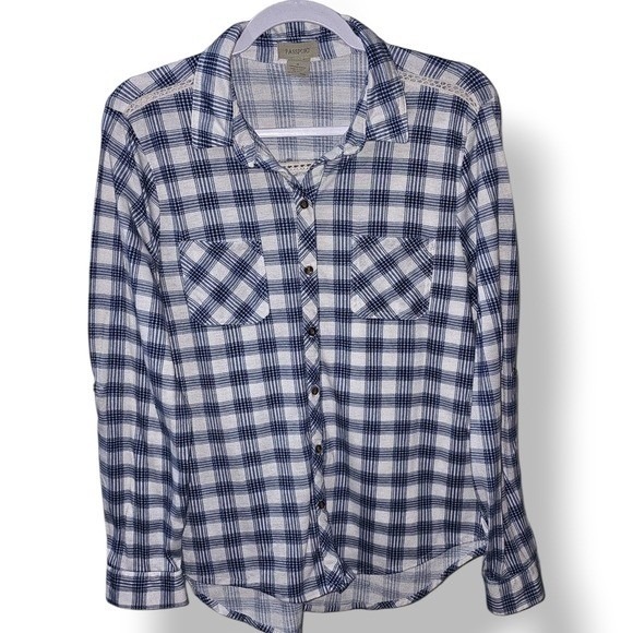 Passport Tops - Womens Plaid Blue White Button Down Crochet Lace Trim Passport XL Casual Shirt